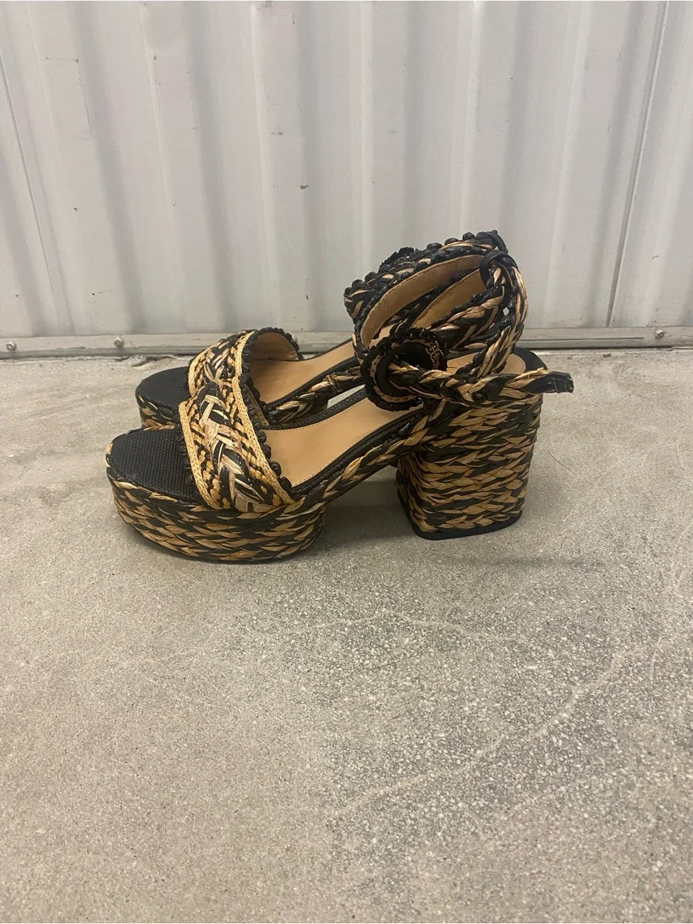 Sam Edelman Woven Platform Block Heel Sandals - Black and Natural, Size 9